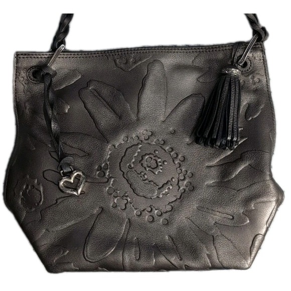 Vintage Brighton Bronze Color Leather Floral Embossed Tassel, Tag Shoulder Bag - Picture 2 of 12